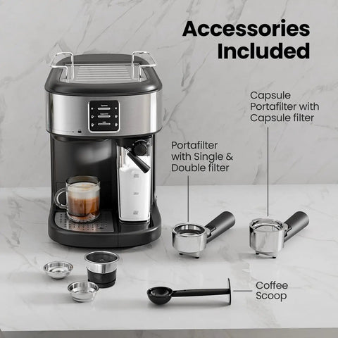 Pro Grade 20 Bar Compact Espresso Maker Featuring Automatic Milk Frother And Stainless Steel Frame Yields Top Tier Cappuccino Latte With Bold Kick For Quick Daily Grinds with portafilters and coffee scoop.