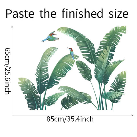 Lush Tropical Wall Stickers Set With Monstera Leaf And Palm Leaves Banana Leaf And Bird Mural For Bedroom Or Living Room Totally Easy Peel And Stick Decor To Create A Nordic Green Jungle Vibe In Your Space; 85x65cm layout with birds and leaves