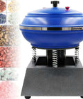 Blue High Frequency Vibration Tumbler Polisher For Jewelry, Stone And Metal Parts, 6.2L Drum, shown with various media types.