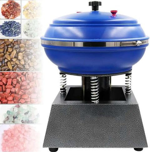 Blue High Frequency Vibration Tumbler Polisher For Jewelry, Stone And Metal Parts, 6.2L Drum, shown with various media types.