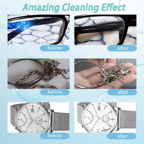 Before and after cleaning with 0.8L Ultrasonic Jewelry Cleaner Pro Grade Machine for jewelry, eyeglasses, and watches.