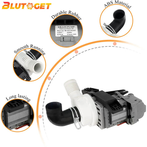 2026 Upgraded Washer Drain Pump Replacement W10536347 W10155921 W10049390 Fits Whirlpool Kenmore Maytag, durable ABS and rubber.