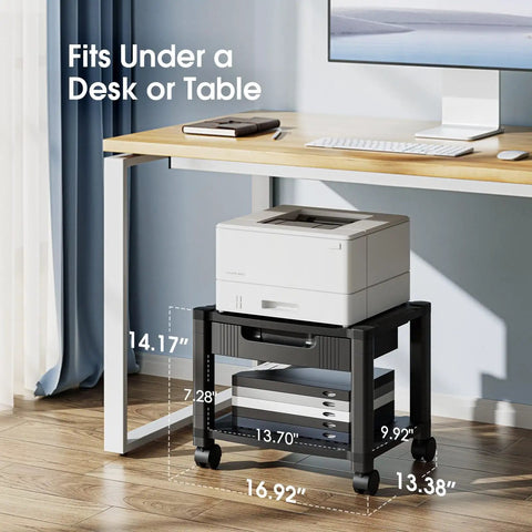 Printer Stand With Space Saving Cable Management And Storage Drawer, Rolling Printer Cart With Locking Wheels under desk