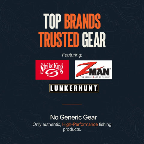 Image showing logos of trusted fishing gear brands, Strike King, Z-Man, and Lunkerhunt, featured in Platinum Series Mystery Tackle Box For Bass Fishing With 7 Premium Lures Kit Including Crankbaits Jigs Plastics And Topwater Baits For Smallmouth And Largemouth Anglers Ready To Crush.