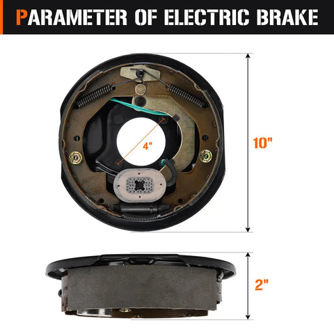 Four Pack 10 Inch By 2-1/4 Inch Electric Trailer Brake Assemblies For 3500 Lbs Axles Left And Right Fits Alko Dexter Quality And Other Brands Durable Plug And Play Install Trailer Brake Kit, front view