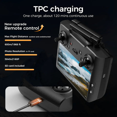 Remote control with screen for 4K EIS Drone With Built In 4 Point 5 Inch Screen For Real Time FPV Long Range RC Quad Auto Return Circle Fly Follow Me Foldable With 2 Batteries For About 45 Minutes Of Flight Time Dope Gift For Beginners And Kids Under 249g