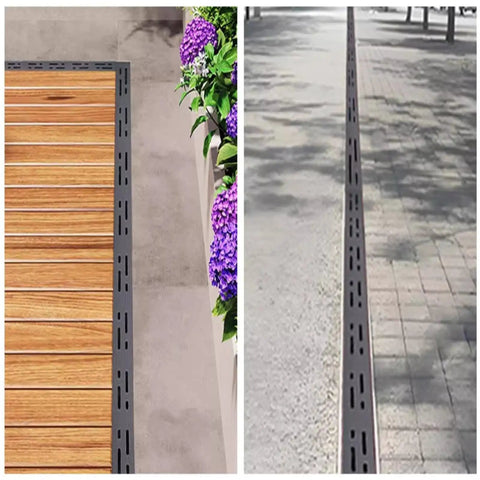 Side view of Heavy Duty Outdoor Trench Drainage Kit With Stainless Steel Grate And Polypropylene Channel Built To Last Weatherproof French Drainage System For Driveways Lawns Patios Bathrooms And Kitchens Hidden Grate Design installed on patio.