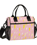 Yellow Insulated Lunch Box With Lightning Bolts Design, Available In Small And Medium, A Handy Workhorse For School Or Work, Durable Nylon Exterior With Pearl Cotton Insulation Keeps Meals Fresh On The Go. pink lightning print insulated lunch box with black handles and strap