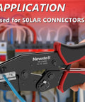 Easy No Fuss MC4 Solar Crimping Tool With Ratchet Mechanism in use for solar connectors with insulated wire gauge AWG 14-10