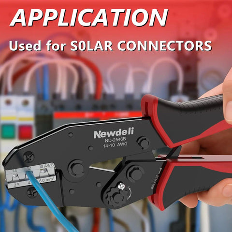 Easy No Fuss MC4 Solar Crimping Tool With Ratchet Mechanism in use for solar connectors with insulated wire gauge AWG 14-10