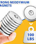 Eight Pack Neodymium Magnet Cups, 100 Lb Pull, Industrial Strength Rare Earth Magnets With Countersunk Hole, shown in hand