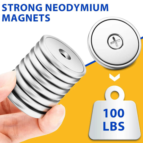 Eight Pack Neodymium Magnet Cups, 100 Lb Pull, Industrial Strength Rare Earth Magnets With Countersunk Hole, shown in hand
