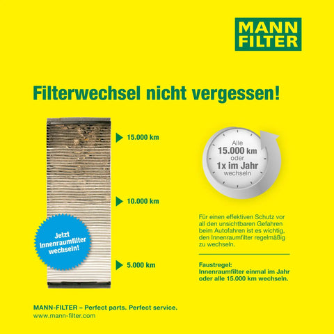 Filterwechsel nicht vergessen poster with MANN-FILTER branding, showing dirty filter image and maintenance intervals.