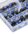 Grab These Awesome Push to Connect Air Fittings Kit To Boost Your Pneumatic System Efficiency And Durability With Easy Install Splitters And Elbows For 8mm Tubes That Rock: 8mm black plastic pneumatic fittings in organizer box