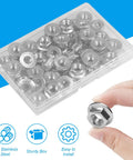 Stainless Steel 304 Serrated Flange Hex Nuts Kit M6 X 1mm Full Thread 50 Pcs Beefed Up Locknuts in clear box, hand holding one.