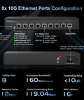 8 Port 10G Managed Ethernet Switch With Auto Adaptive 10G 5G 2Point5G And 1G Speeds L3 Web And CLI Management ports and features