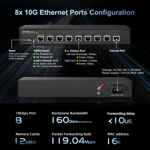 8 Port 10G Managed Ethernet Switch With Auto Adaptive 10G 5G 2Point5G And 1G Speeds L3 Web And CLI Management ports and features