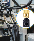 Close-up of hydraulic flow-control needle valve, 1/2 in NPT ports, brass adjustment knob on a black carbon-steel body