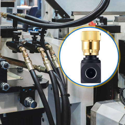 Close-up of hydraulic flow-control needle valve, 1/2 in NPT ports, brass adjustment knob on a black carbon-steel body