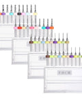 40 Pc PCB Drill Bit Set From 0.1mm To 3.0mm Micro Drill Bits With Spiral Flute Carbide For PCB Engraving CNC Jewelry Metal Stone Crafting Includes Two Boxes 0.1 To 1.0mm One Box 1.1 To 2.0mm And One Box 2.1 To 3.0mm displayed in four boxes with various colors.