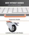 Close-up of lockable wheels and ergonomic handle for Rugged 36 By 18 Inches Welding Table On Wheels With 1200 Pound Load Capacity