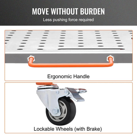 Close-up of lockable wheels and ergonomic handle for Rugged 36 By 18 Inches Welding Table On Wheels With 1200 Pound Load Capacity