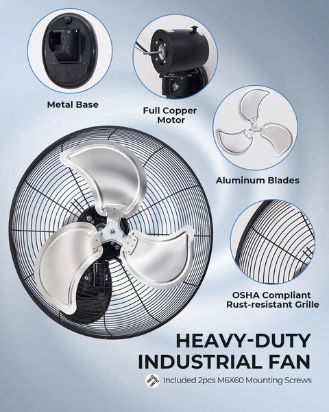 20 Inch Wall Mount Fan Oscillating With 3 Speed Settings High Velocity Industrial Air Circulator UL Listed components