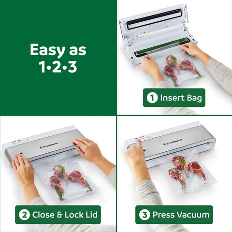 Steps to use Compact Vacuum Sealer With Airtight Bags And Roll Keeps Food Fresh Up To 5X Longer, sealing meat in vacuum bag