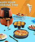 12 Piece Air Fryer Accessory Kit For Square Air Fryers Includes Cake Barrel, Pizza Pan, Cupcake Pan, Skewer Rack on table
