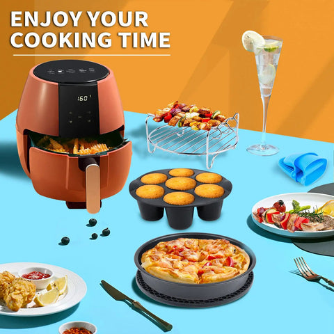 12 Piece Air Fryer Accessory Kit For Square Air Fryers Includes Cake Barrel, Pizza Pan, Cupcake Pan, Skewer Rack on table