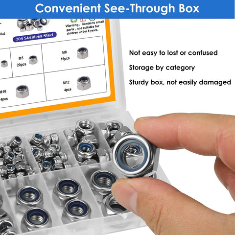 Kickstart Your Next Build With This Top Shelf 150 Piece Lock Nuts Assortment Kit Featuring Heavy Duty 304 Stainless Steel Nylon Insert Self Clinching Hex Nut Set For Smooth Diy And Home Repairs with see-through storage box.