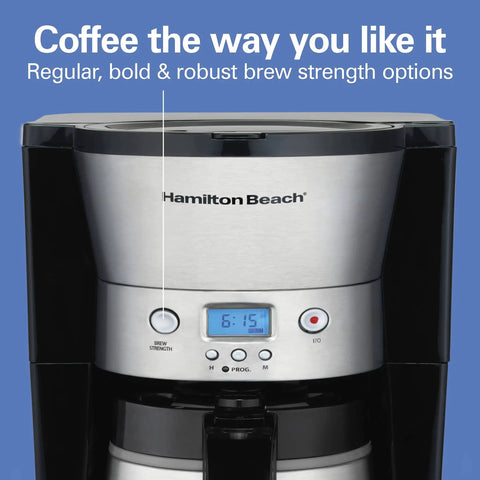 Front view of Programmable Coffee Maker With 10 Cup Thermal Carafe, 3 Brew Options, Auto Shutoff And Pause Pour, Stainless Steel Design.