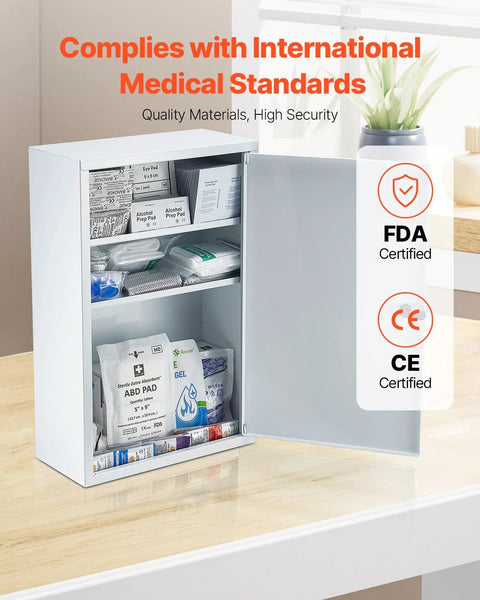 White metal 3-shelf first aid cabinet with door open showing stocked medical supplies.