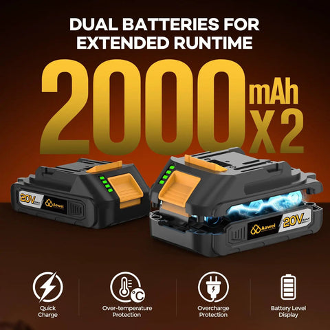 Cordless Drill Set and Driver Kit With 20V Power, Dual 2Ah Batteries featuring overcharge and temperature protection