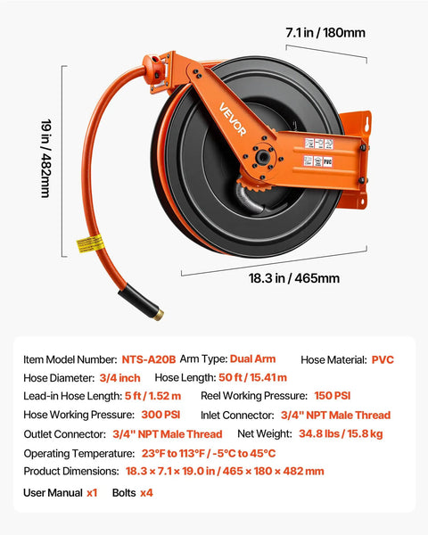 Pro Level Retractable Air Hose Reel Including 3/4 Inch By 50 Foot Pvc Hose With Snappy Auto Rewind, shown mounted.