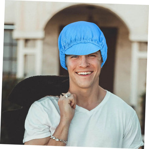 Smiling man wearing a blue anti static work cap, lightweight breathable polyester mesh headwear for daily use.