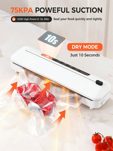 Beast 6 In 1 Vacuum Sealer For Fresh Food With 75KPa Moist And Dry Modes, sealing cans quickly with visible airflow.