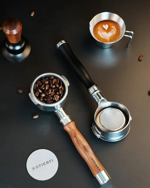 Kickstart Your Brew Routine With Top Shelf 58mm Bottomless Portafilter featuring wooden handle, beans in basket, and latte art.