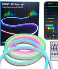Product box and smartphone app with Led Neon Rope Lights With Music Sync, 9.84ft 24V Smart Dimmable Outdoor IP65 Waterproof LED Strip