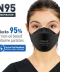 Woman wearing N95 Mask Black Particulate Respirator Over-The-Head Headband Fit NIOSH Certified 95 Percent Protection Made In USA Model F95B