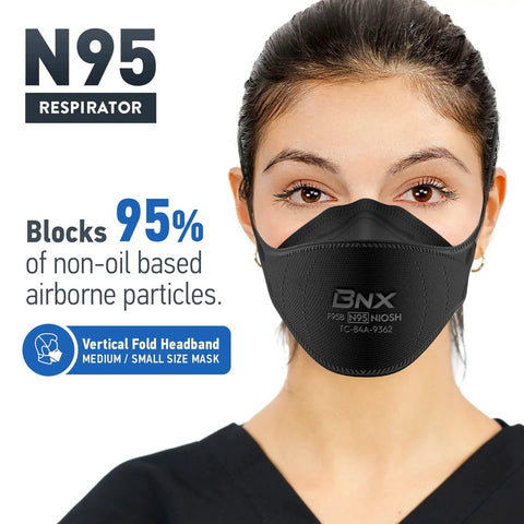 Woman wearing N95 Mask Black Particulate Respirator Over-The-Head Headband Fit NIOSH Certified 95 Percent Protection Made In USA Model F95B