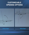 Diagrams of customizable opening options for Automatic Swing Gate Opener Kit For Driveways Up To 660 Lb And 18 Ft With Remote Controls