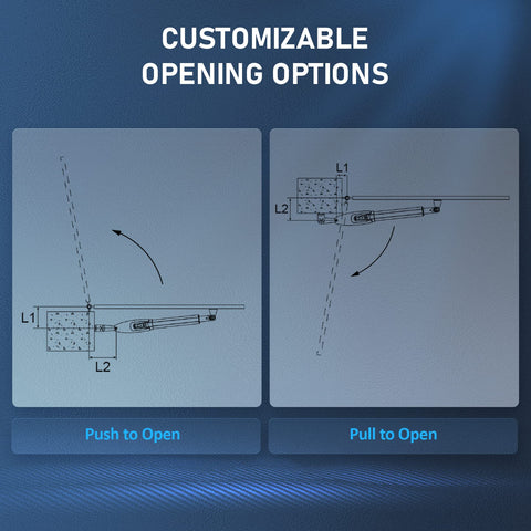 Diagrams of customizable opening options for Automatic Swing Gate Opener Kit For Driveways Up To 660 Lb And 18 Ft With Remote Controls