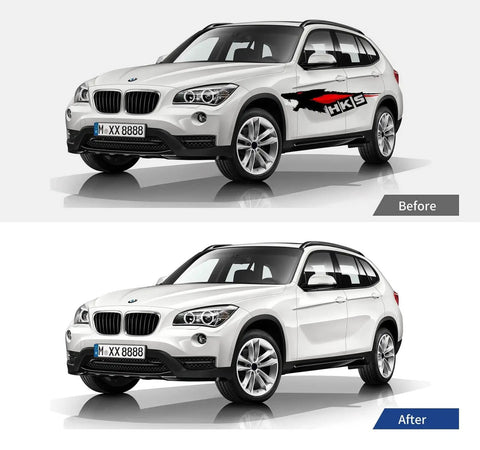 Before and after removal of car decal using Decal Remover Eraser Wheel For Drill, Rubber Wheel Tool Kit To Safely Remove Car Stripes.