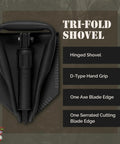 Hinged tri-fold shovel with D-type hand grip and serrated edge, part of Rugged Folding Camping Shovel Set With ACU Pouch.
