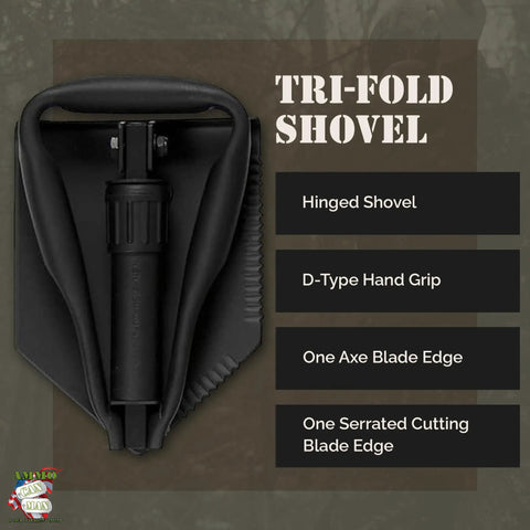 Hinged tri-fold shovel with D-type hand grip and serrated edge, part of Rugged Folding Camping Shovel Set With ACU Pouch.