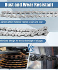 Beefed-Up Bicycle Chain For 7-27 Speed Systems, 116 Links, rust and wear-resistant features shown with high-carbon steel material.