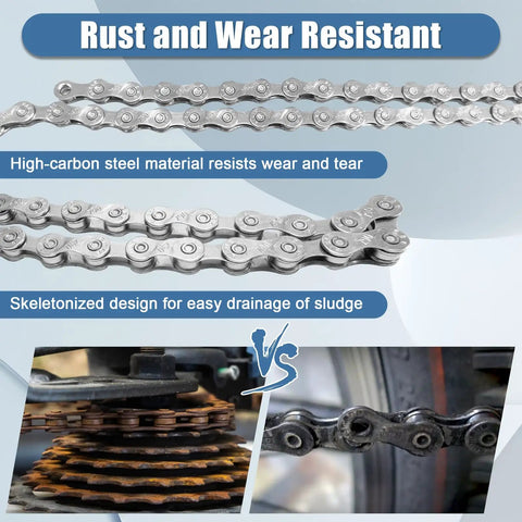 Beefed-Up Bicycle Chain For 7-27 Speed Systems, 116 Links, rust and wear-resistant features shown with high-carbon steel material.