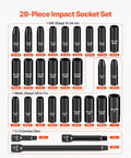 Heavy Duty Badass 29 Piece 1/2 Inch Drive Impact Socket Set Featuring Deep Well CR-V Steel Black Phosphate Coating for torque transfer, showing sockets and extension bars.