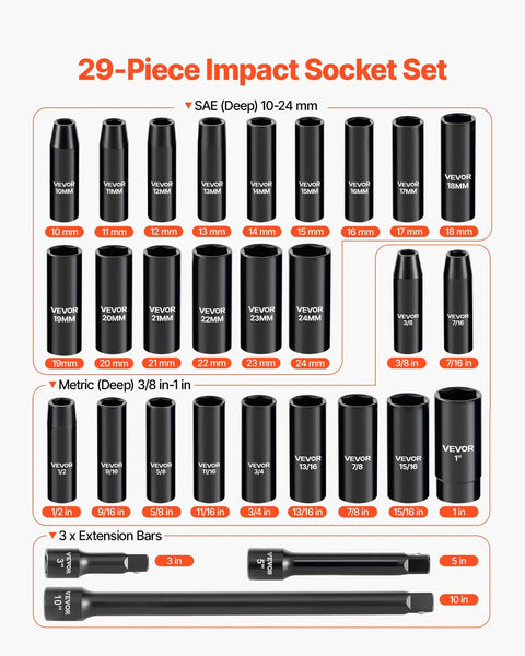 Heavy Duty Badass 29 Piece 1/2 Inch Drive Impact Socket Set Featuring Deep Well CR-V Steel Black Phosphate Coating for torque transfer, showing sockets and extension bars.